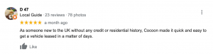 "As someone new to the UK without any credit or residential history, Cocoon made it quick and easy to get a vehicle leased in a matter of days."