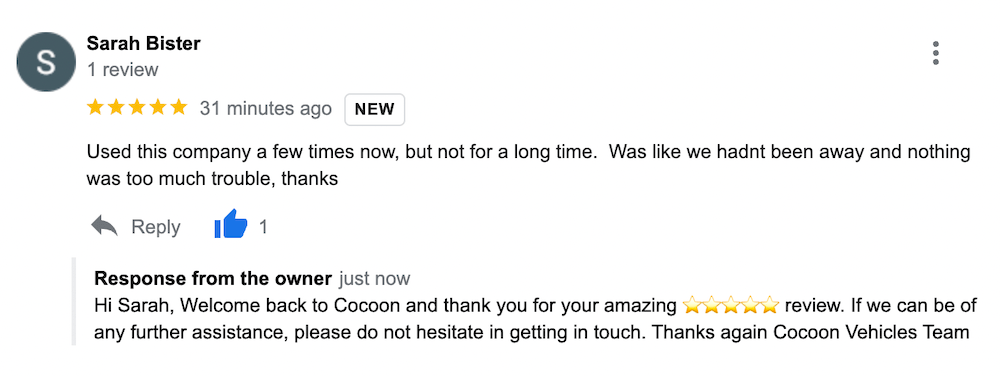 Google review screenshot from Sarah Bister saying: "Used this company a few times now, but not for a long time. Was like we hadnt been away and nothing was too much trouble, thanks"