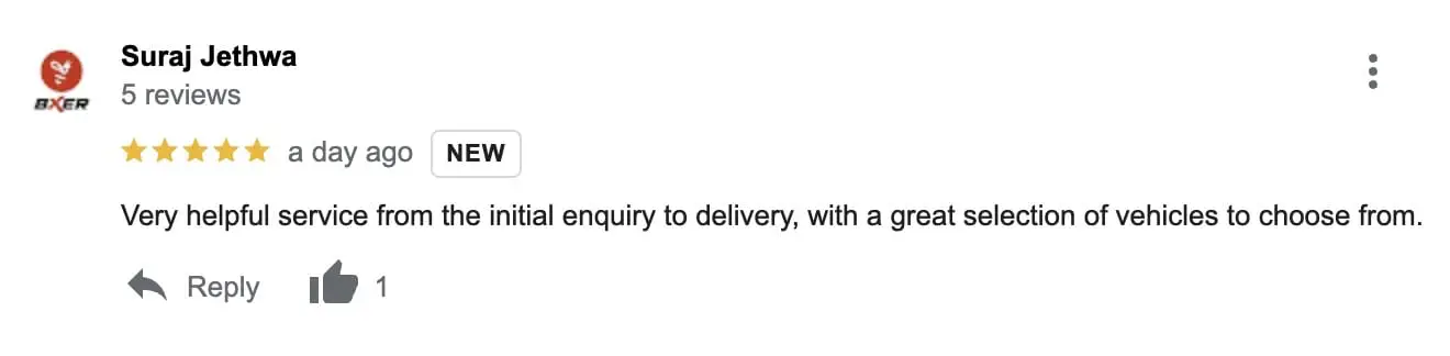 Very helpful service from the initial enquiry to delivery, with a great selection of vehicles to choose from.